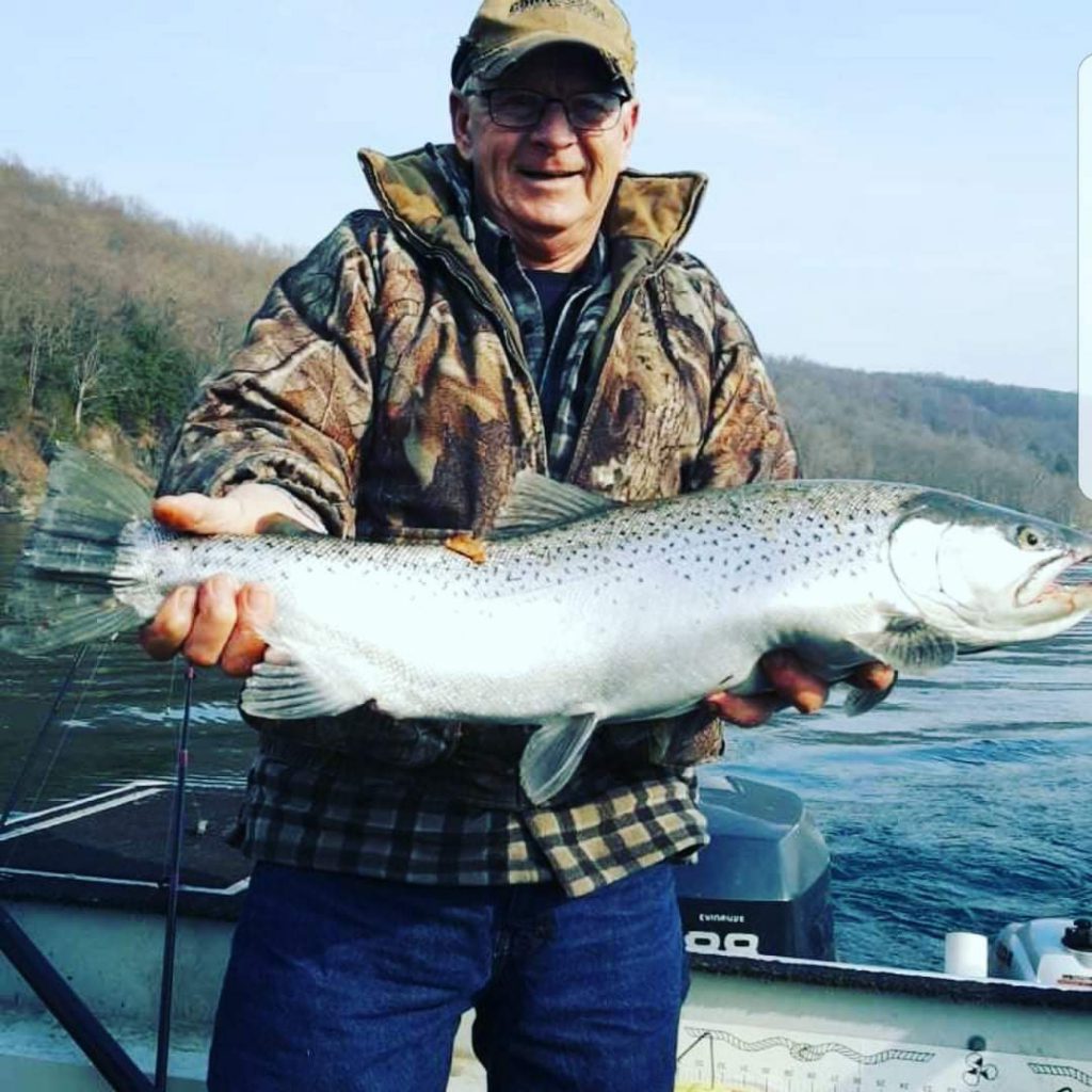 lake trout caught on Cayuga lake with a fly by local business owner of cme trolling